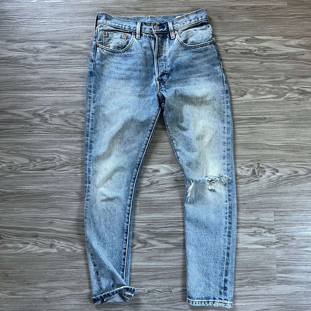 Levis 501 White Oak Cone Denim Selvedge Jeans Light Wash Distressed 26x28 Mens